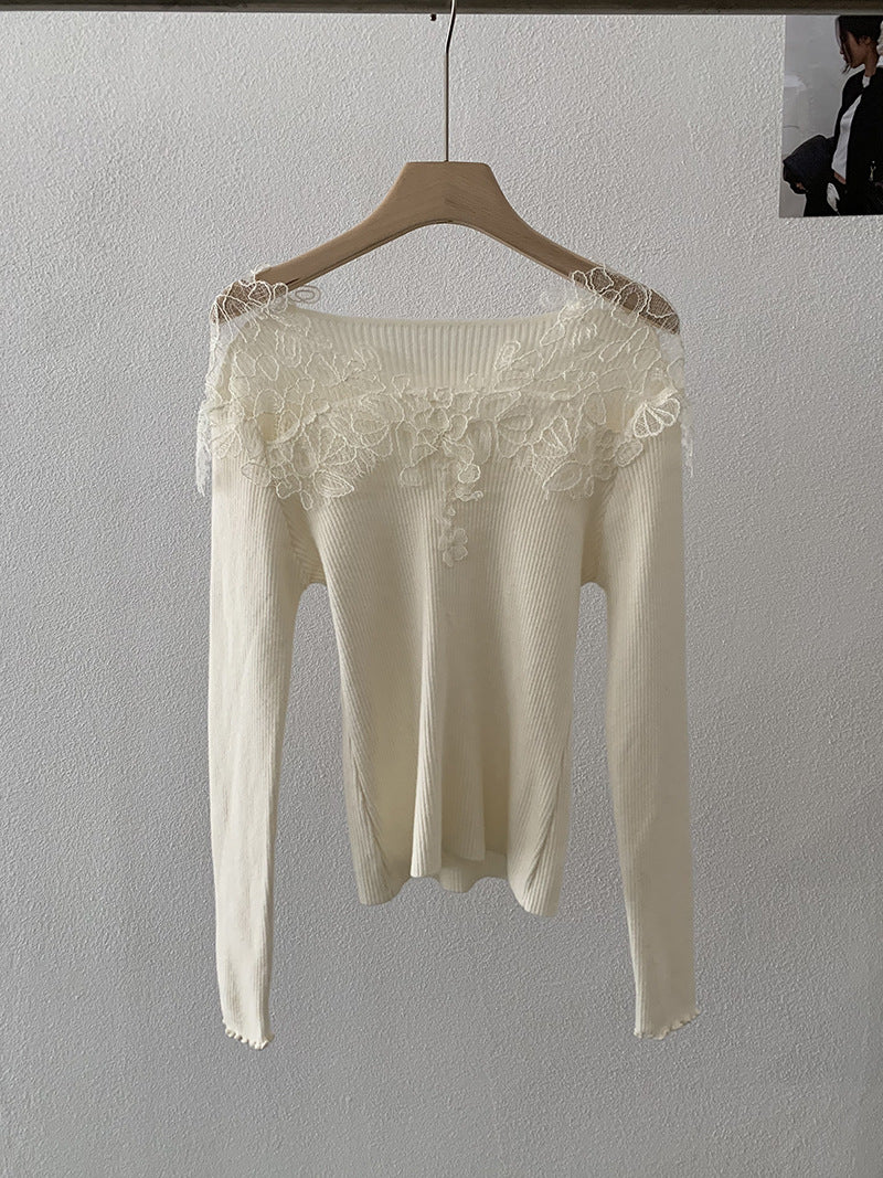 Hollow-out Lace Patchwork V-neck Knitted Sweater For Women, New AutumnWinter Style