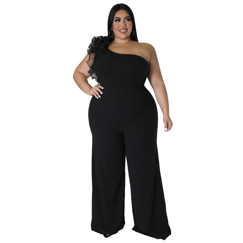 Plus-size Women's One-shoulder Mesh Wide-leg Pants