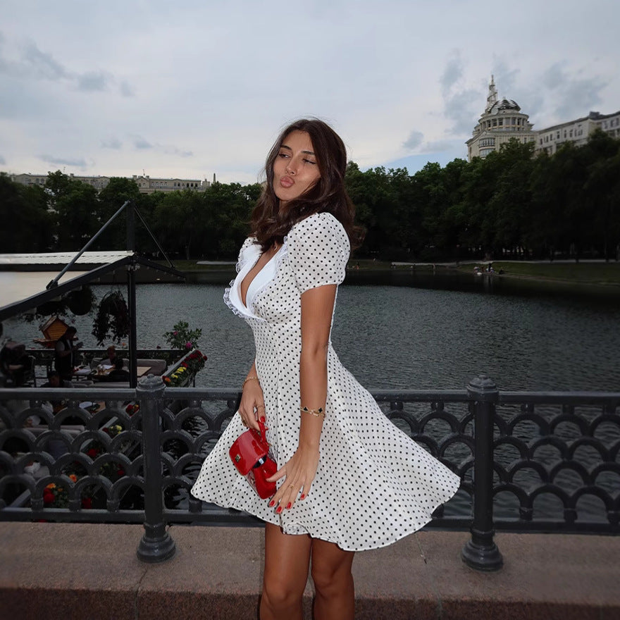 European And American-style Fashionable Women's V-neck Polka-dot Printed Dress