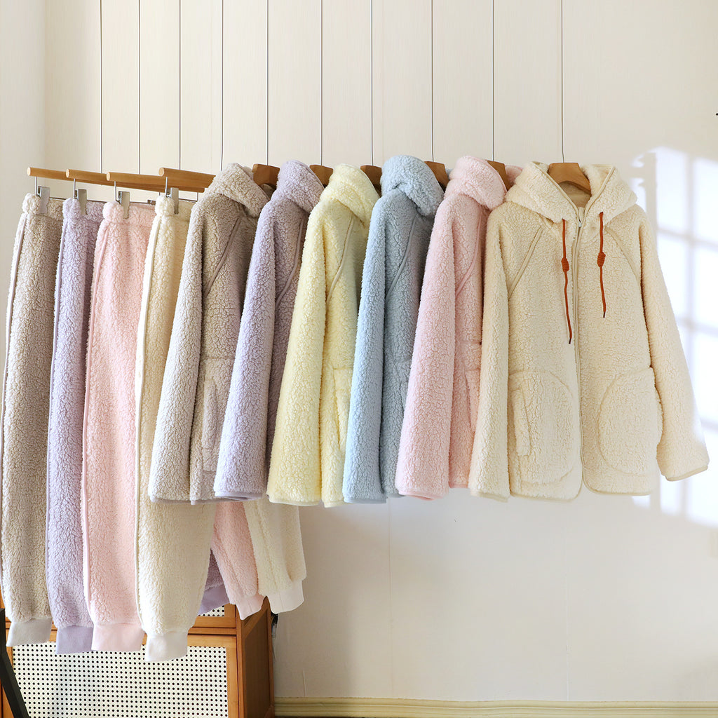 Corduroy Solid Color Casual Loose Fitting Set Flannel Hooded Padded Loungewear