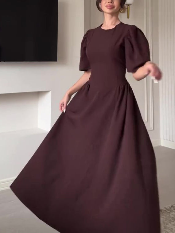 Brown Puff Sleeve Strappy Swing Dress