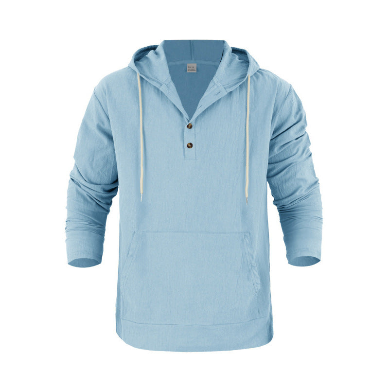 Hooded Long-sleeve Henley T-shirt With Large Pockets