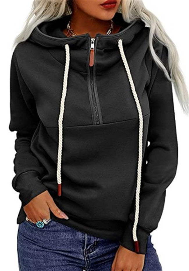 Front Middle Zipper Plus Velvet Hooded Sweater