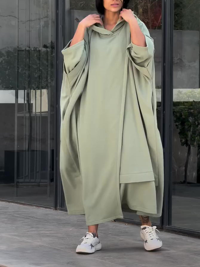 Sage Green Oversized Cape Dress With Hooded Design
