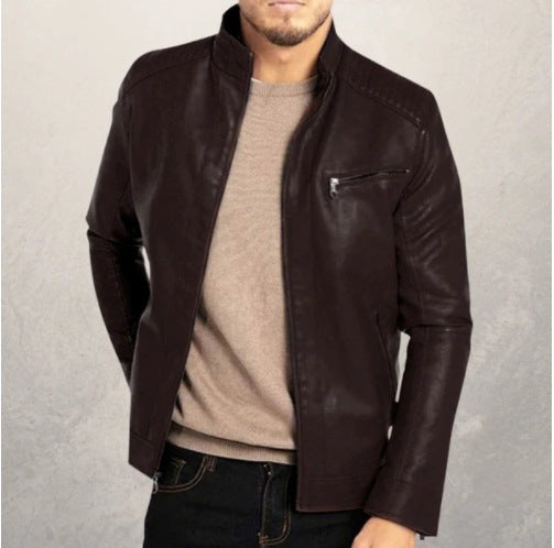 Men's Polyester Stand Collar Punk Motorcycle Leather Jacket