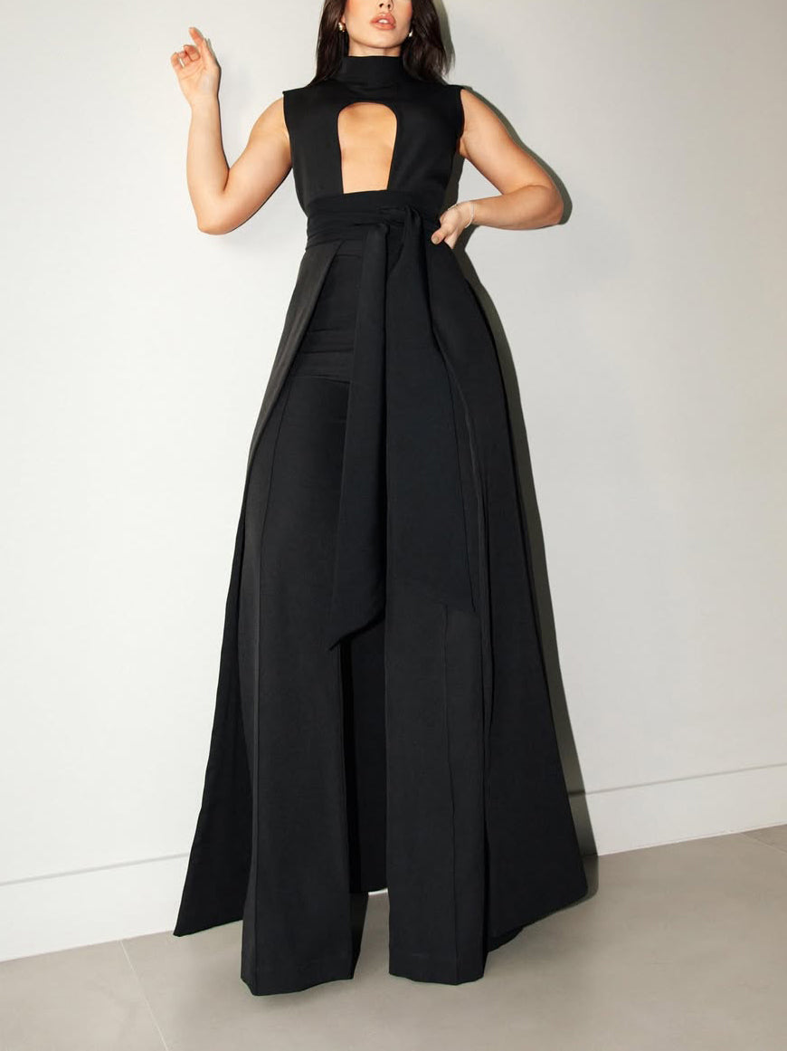 Black Sleeveless Lace-up Long Top & High-waisted Pants Set