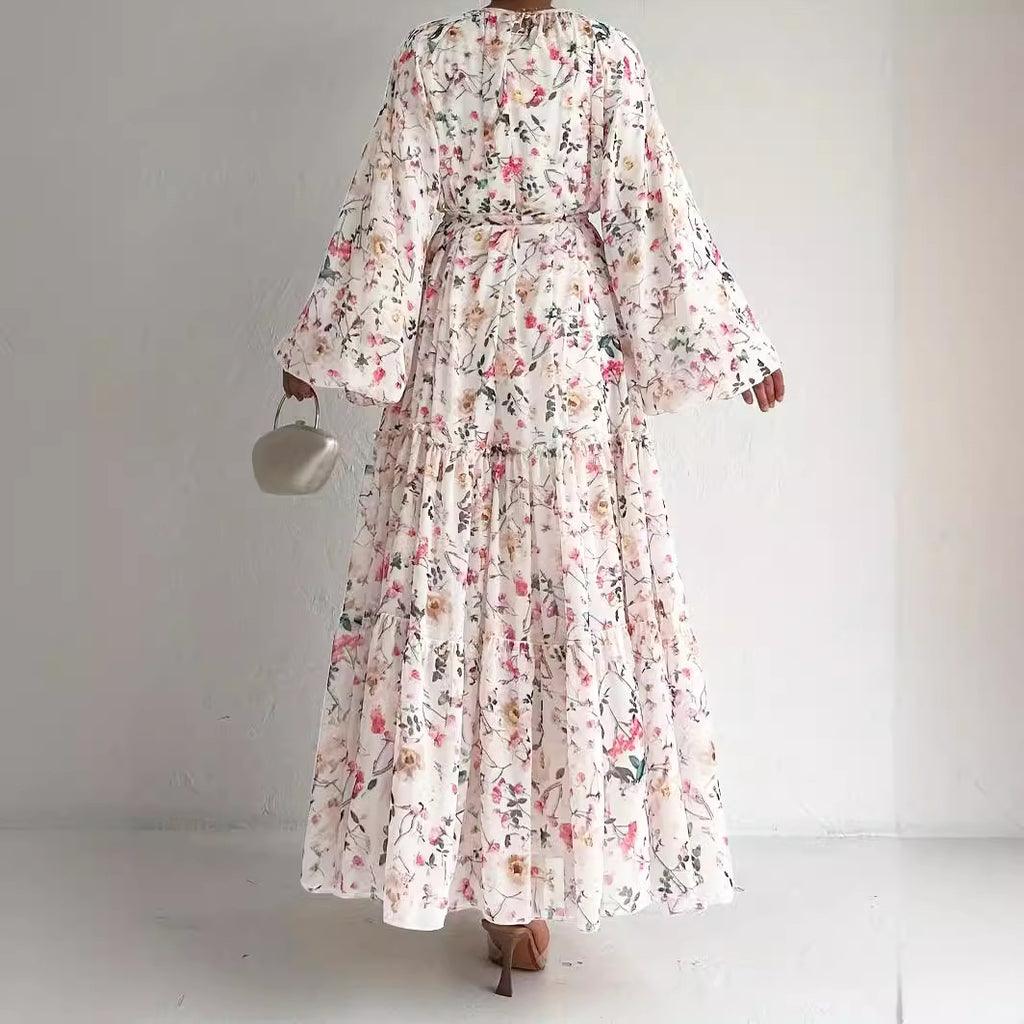 Chiffon Floral Dress With Belt Long Length Stylish And Elegant