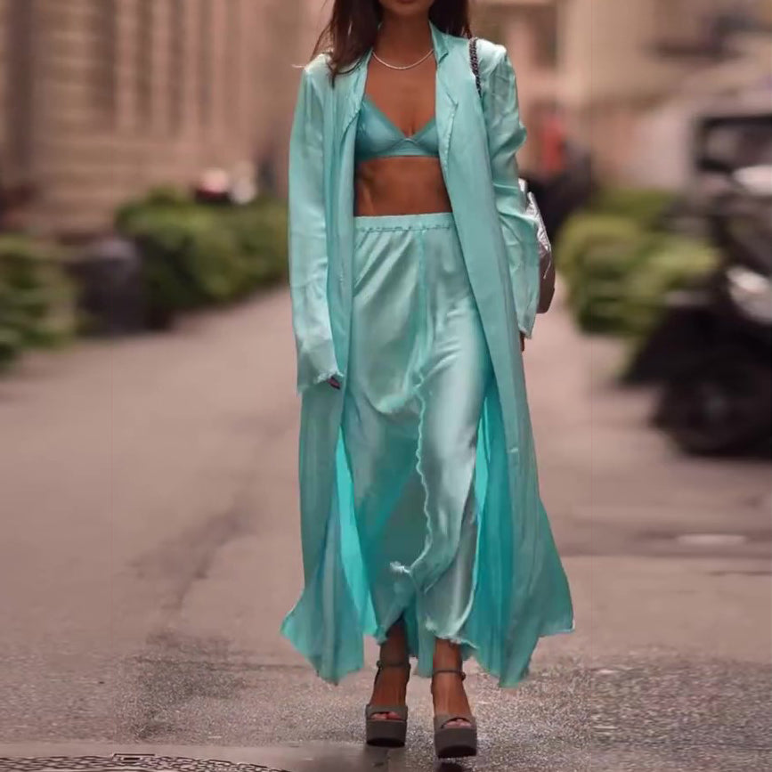 Satin Long Top & High Waist Skirt Set