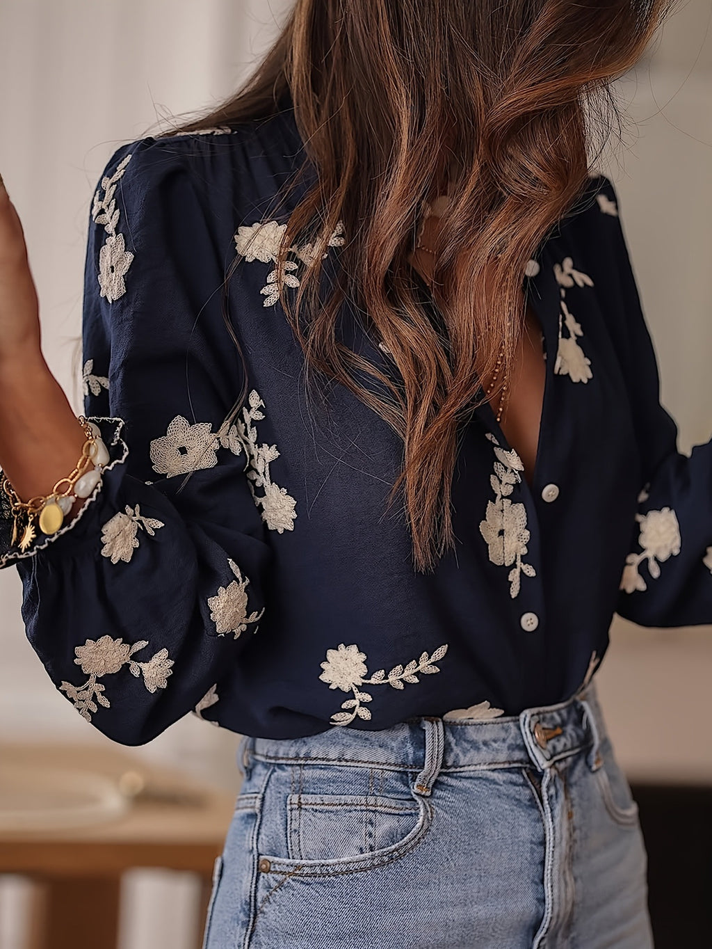 Women's Long-sleeved Western-style Chiffon Blouse With Embroidery