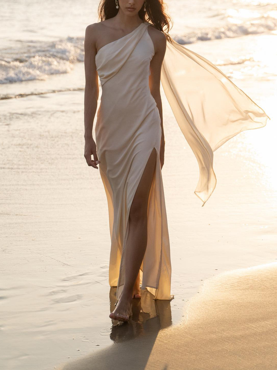 One-shoulder Apricot Slit Dress