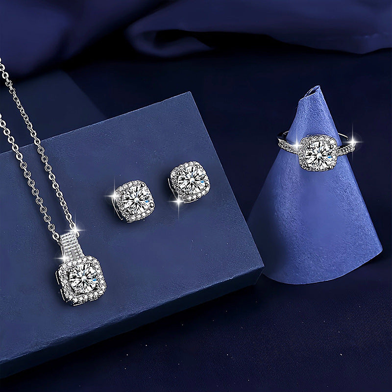Women's Simple Fashionable And Versatile Zircon Necklace Stud Ring Set