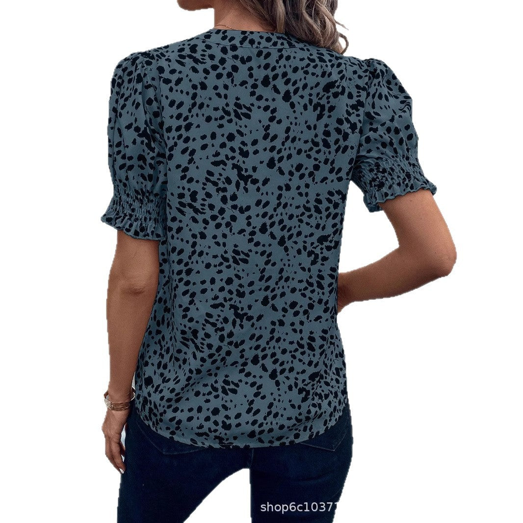 Women's Casual V-Neck Printed Pleated Short-Sleeve Chiffon Blouse