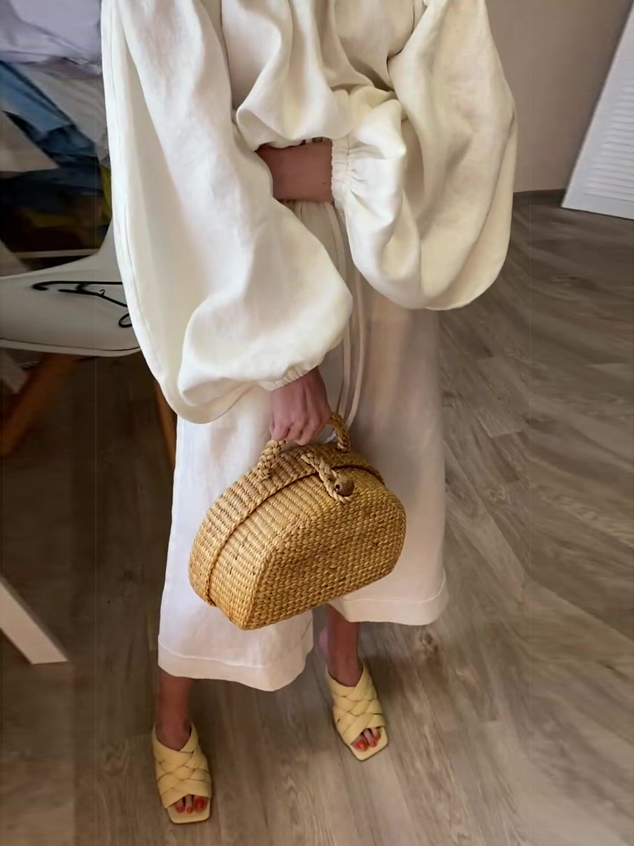 Cotton And Linen One-shoulder Long-sleeved Top & Wide-leg Pants Suit