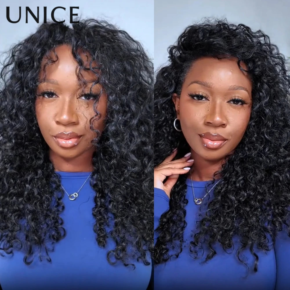 UNice Hair Bouncy Water Wave Curly V Part Wig With Drawstring Seamless Blend Human Hair Clip In Wig 150% Density
