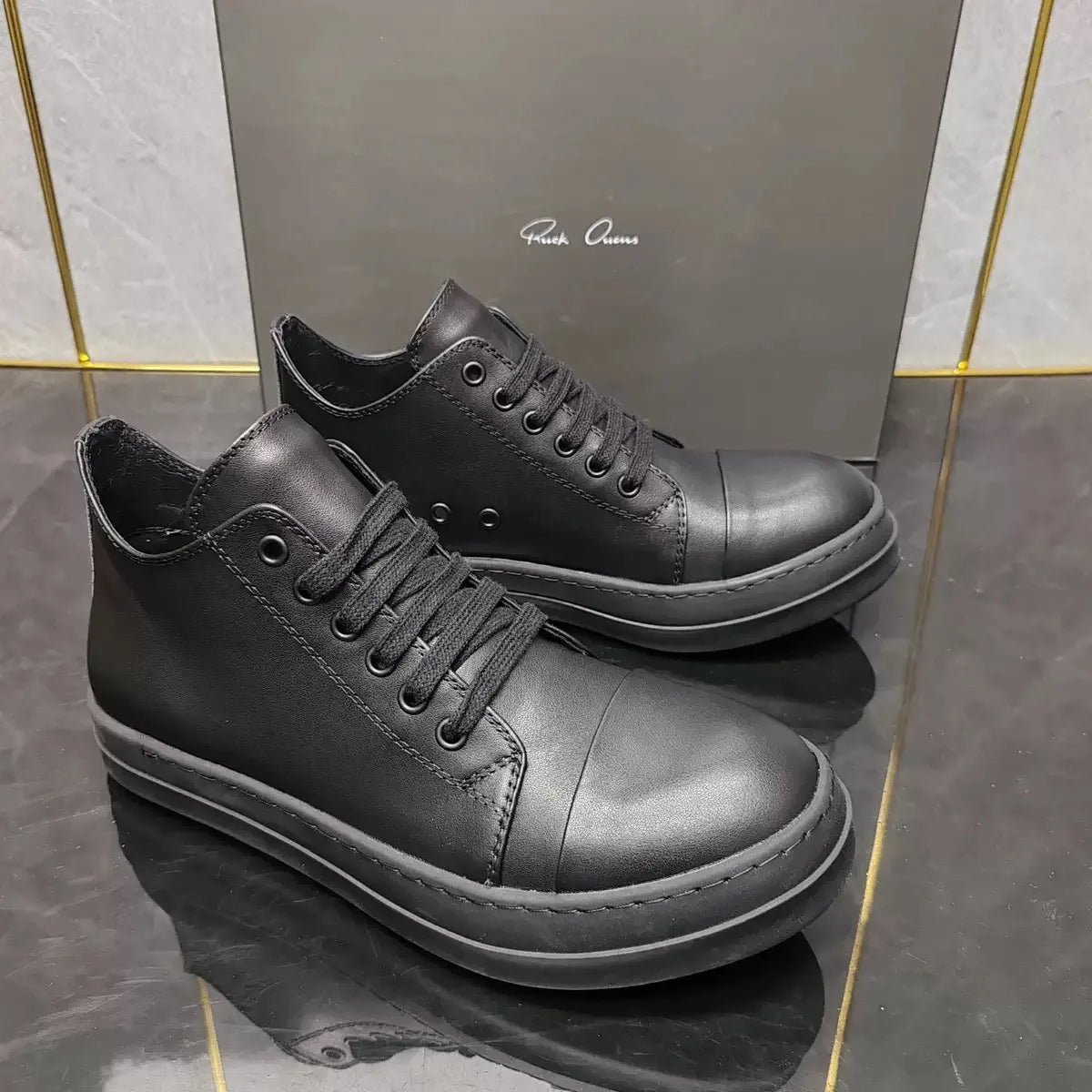 Designer Style Men's Leather Shoes Couples Retro Low-top Board Shoes Hip Hop Platform Sneakers Black