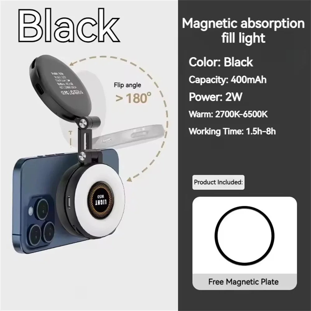 2in1 For Travel, Desktop, Selfies, Video, Makeup Portable Foldable Magnetic Rechargeable Ring Fill Light Phone Holder Perfect