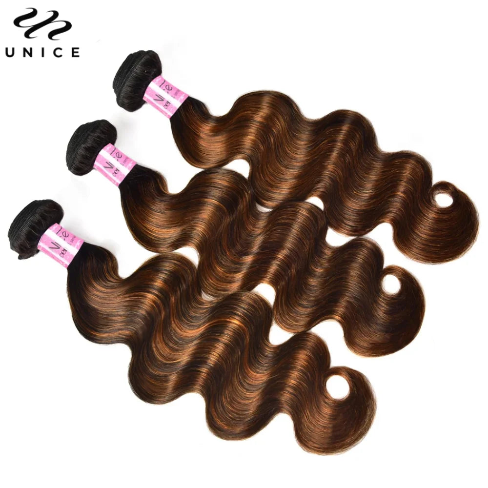 Unice Hair Brown Highlight Body Wave Human Hair Bundles 3PCS Deal 100% Human Hair Balayage Colored Bundles Sew In Weaves