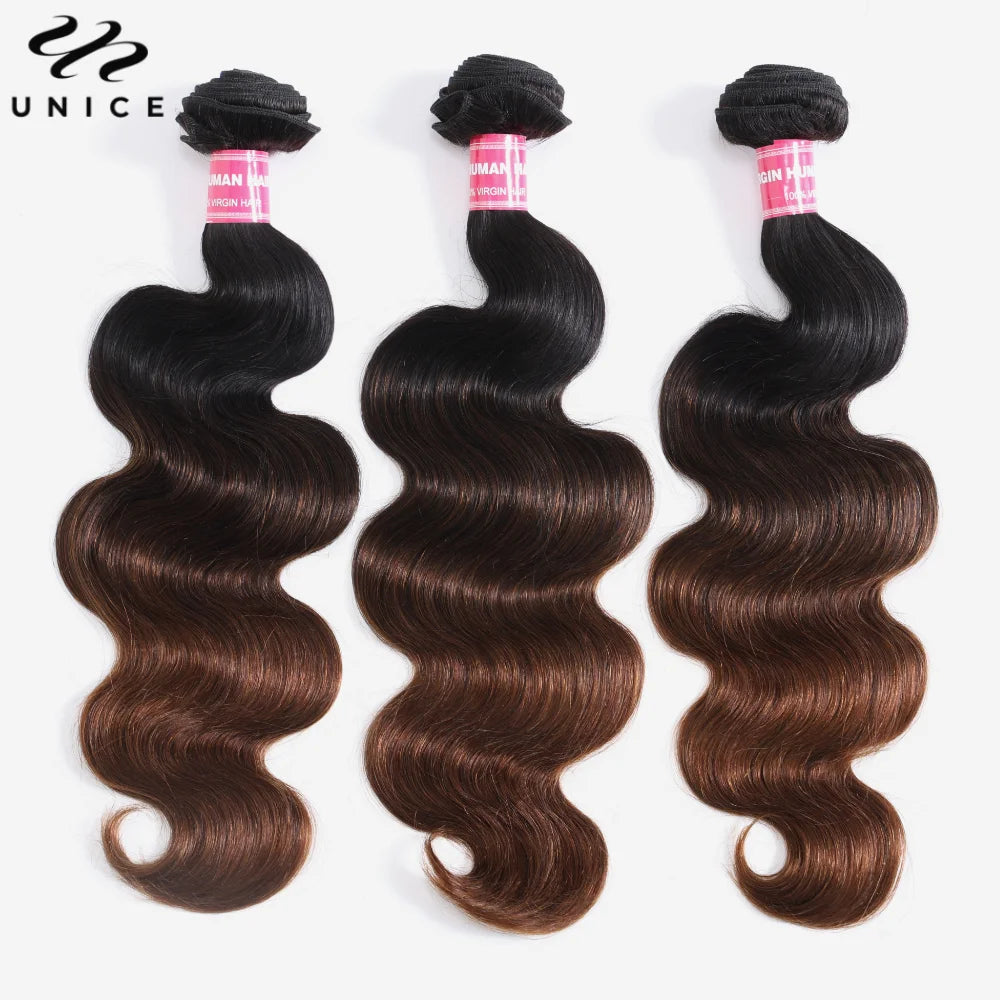 UNice Hair Chestnut Brown Ombre Body Wave Bundles 1/3/4 PCS Deal 100% Human Hair Bundles Sew In Quick Weaves 8-26 Inch
