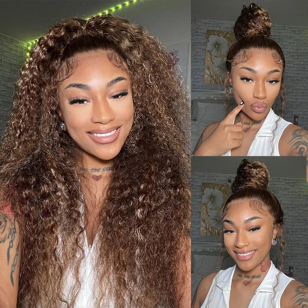 Deep Wave 13x6 HD Lace Frontal Wig Invisible Strap 360 Full Lace Wig Glueless Human Hair Wig Chocolate Brown Lace Front Wig