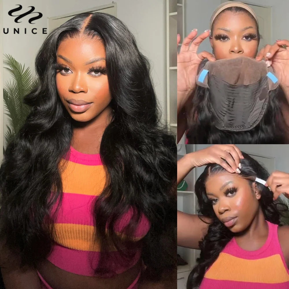 UNice Hair Upgrade Drawstring 13x4 Body Wave Human Hair Lace Frontal Wig Pre Cut Pre Bleached Pre Plucked Lace Wigs 150% Density