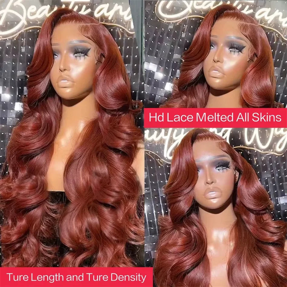 Auburn Reddish Brown Body Wave Lace Front Wig - 100% Human Hair HD Lace 13x6 Frontal Wig