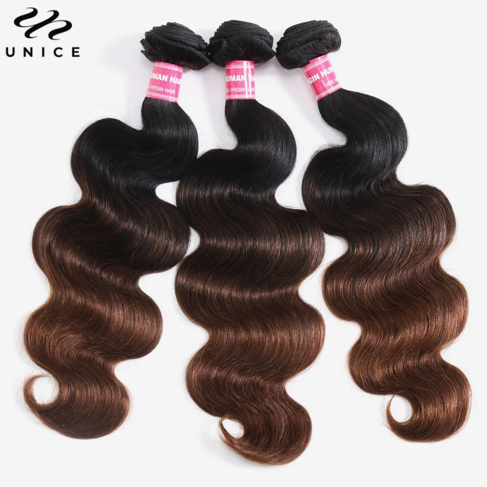 UNice Hair Chestnut Brown Ombre Body Wave Bundles 1/3/4 PCS Deal 100% Human Hair Bundles Sew In Quick Weaves 8-26 Inch