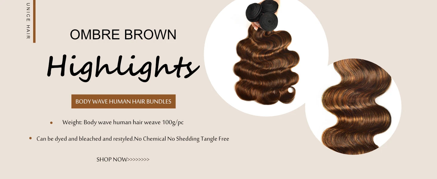 Unice Hair Brown Highlight Body Wave Human Hair Bundles 3PCS Deal 100% Human Hair Balayage Colored Bundles Sew In Weaves