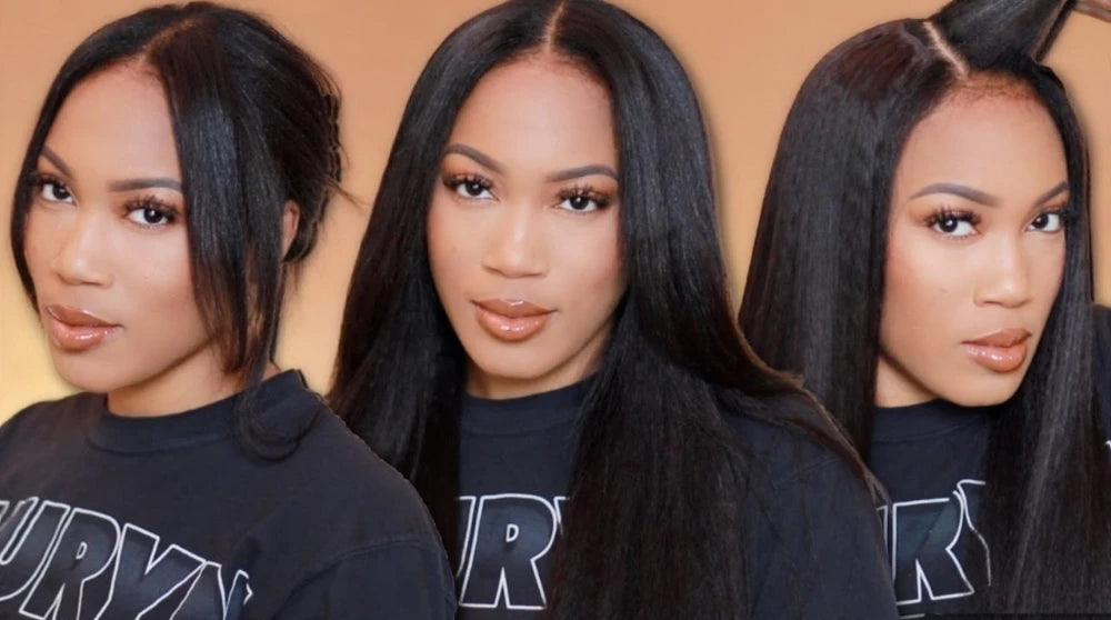 UNice Hair Kinky Straight V Part Wig With Drawstring Seemless Blend 100% Human Hair Wigs No Glue Fit For All Head Sizes