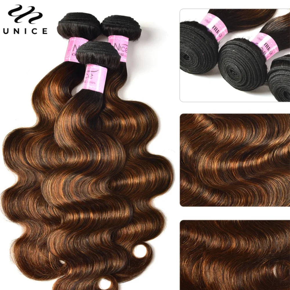 Unice Hair Brown Highlight Body Wave Human Hair Bundles 3PCS Deal 100% Human Hair Balayage Colored Bundles Sew In Weaves