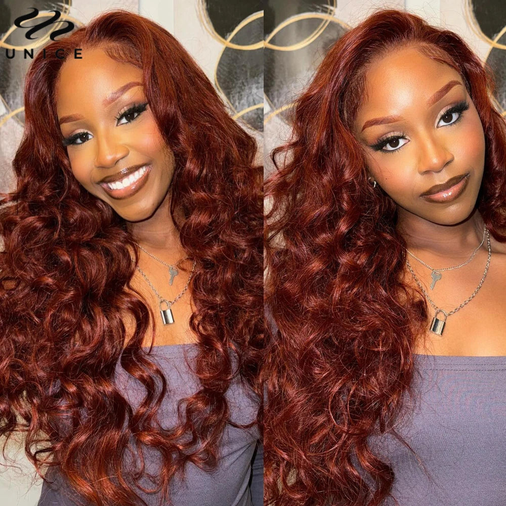UNice Hair Pre Cut Pre Bleached 7x5 Glueless Wig Human Hair Reddish Brown Color Body Wave Lace Front Human Hair Wig 150% Density