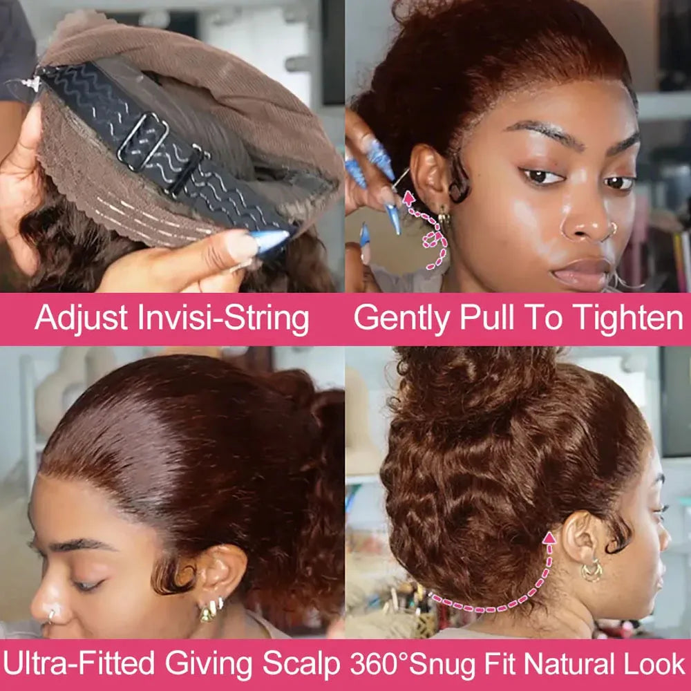 Deep Wave 13x6 HD Lace Frontal Wig Invisible Strap 360 Full Lace Wig Glueless Human Hair Wig Chocolate Brown Lace Front Wig