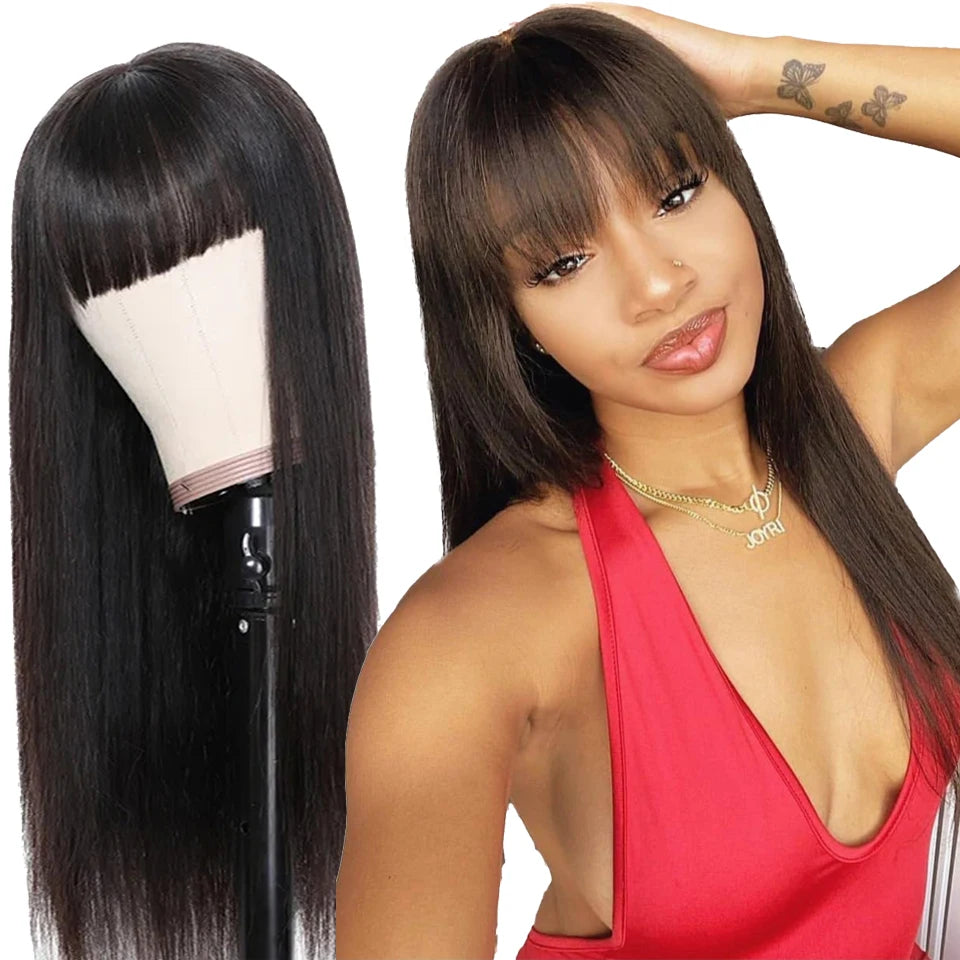 Sholove Straight Bang Human Hair Wig With Bang Glueless Wig Human Hair Ready to Wear Full Machine Made Wigs Human Hair for Women