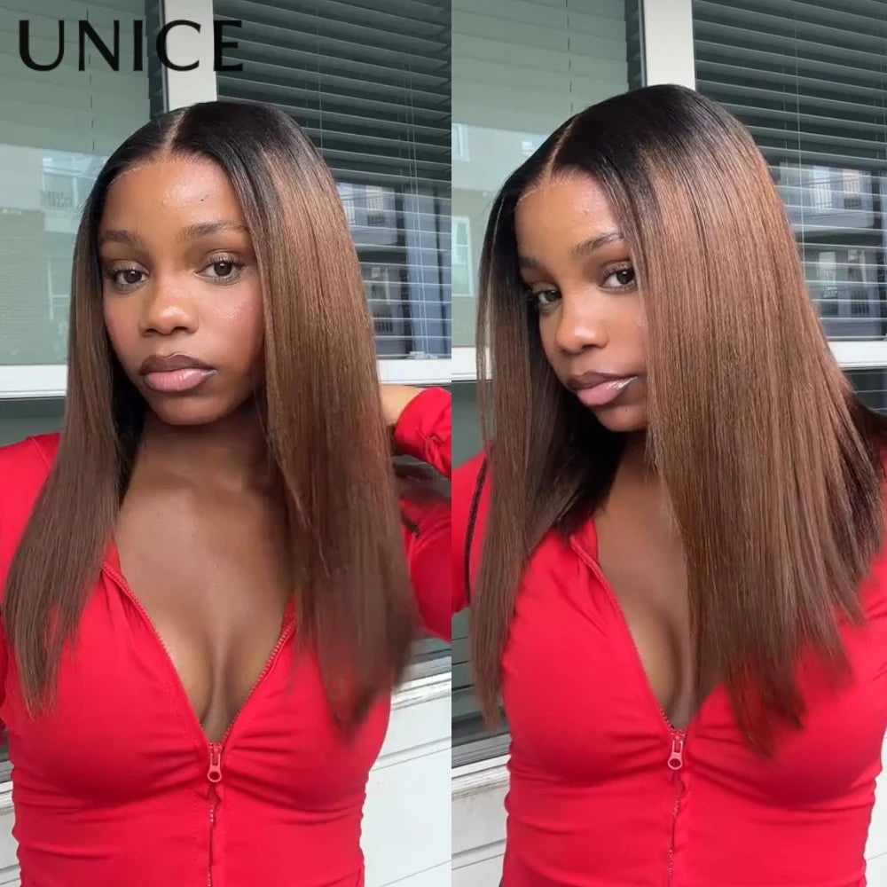 Unice Hair 7x5 Bye-Bye Knots Chestnut Brown Ombre Yaki Straight Bob Wig Human Hair Pre Cut Pre Bleached Glueless Wig