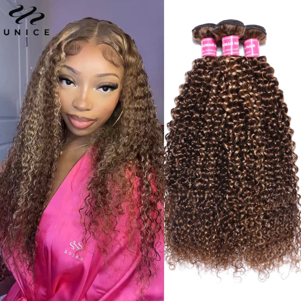 UNICE Hair TL412 Blonde Highlight Curly Hair Bundles 1/3/4 PCS Deal Pre Colored Human Hair Bundles Sew In Weaves Extentions