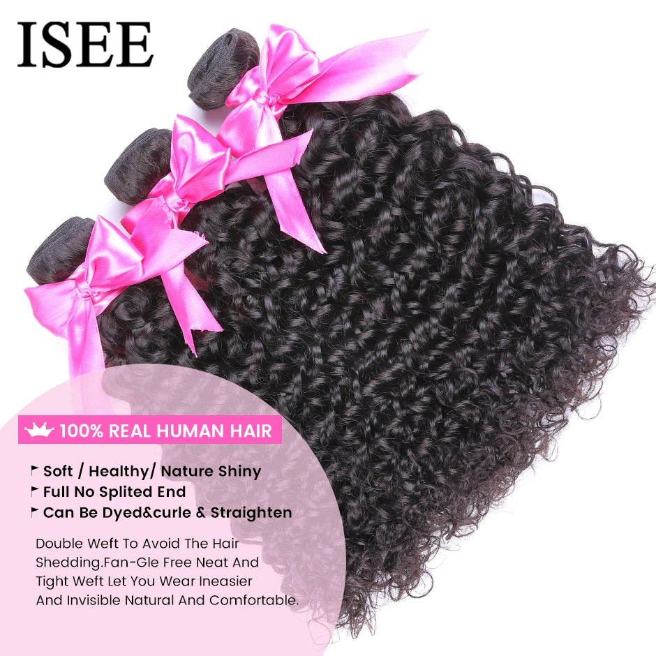 ISEE HAIR Mongolian Water Wave Human Hair Extensions 100% 1/3/4 Bundles Remy Natural Human Hair Bundles Extensions
