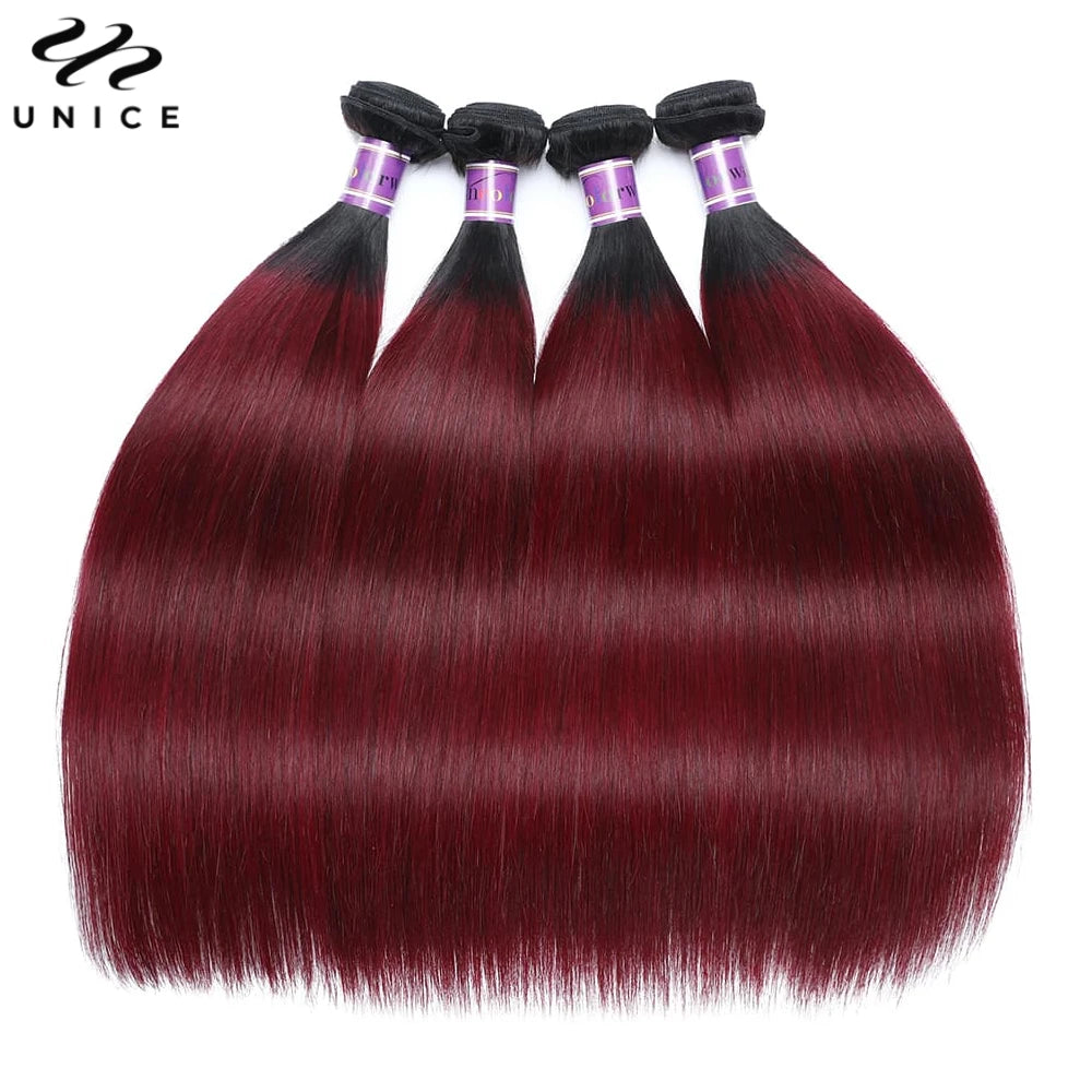UNICE Hair 1B99J Straight Human Hair Bundles 1/3/4 PCS Deal Ombre Burgundy Pre Colored Burgundy 100% Human Hair Bundles