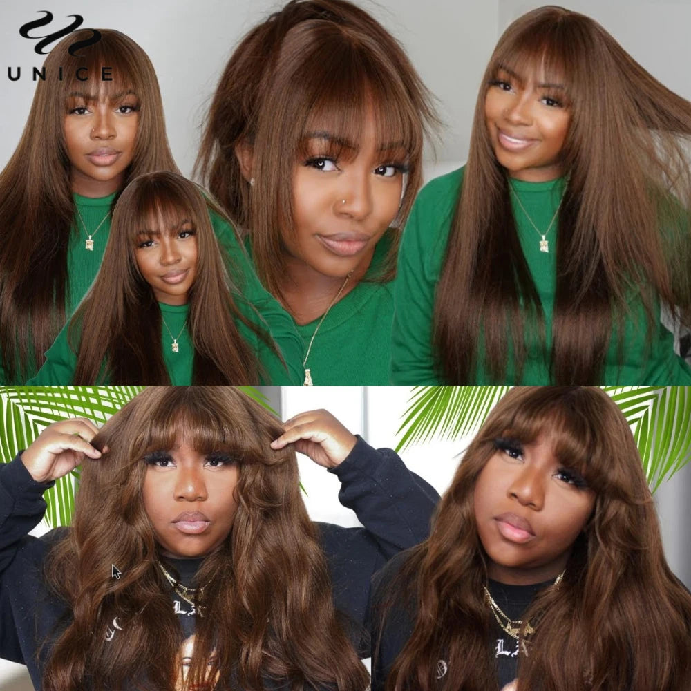 UNICE #4 Brown Color Yaki Straight Lace Wig With Bangs Layered Cut 4x2 Middel Part Lace Front Human Hair Wig 150% Density