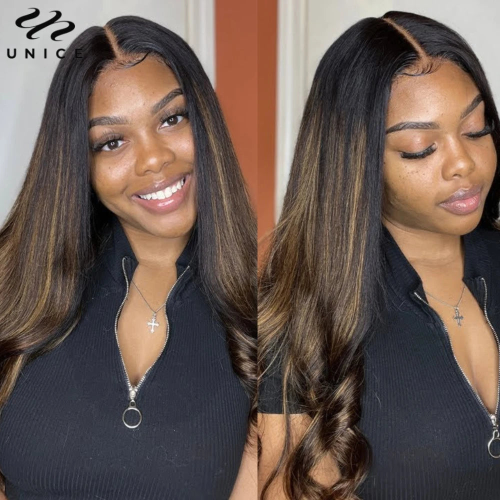 Unice Brown Balayage Straight Human Hair Bundles 3PCS Deal 100% Human Hair Extensions Pre Colored Human Hair Sew In Weaves