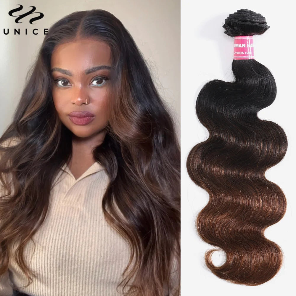 UNice Hair Ombre Brown Body Wave Bundles 4PCS With Black Root 100% Human Hair Bundles Quick Weave Traditional Sew In  Bundles