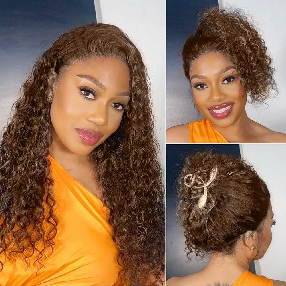 Deep Wave 13x6 HD Lace Frontal Wig Invisible Strap 360 Full Lace Wig Glueless Human Hair Wig Chocolate Brown Lace Front Wig