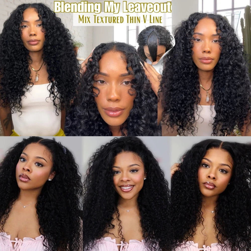 UNice Hair Bouncy Water Wave Curly V Part Wig With Drawstring Seamless Blend Human Hair Clip In Wig 150% Density