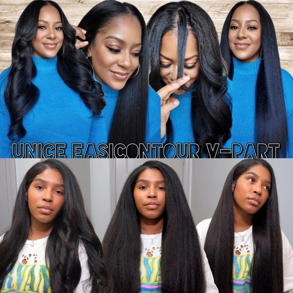 UNice Hair Kinky Straight V Part Wig With Drawstring Seemless Blend 100% Human Hair Wigs No Glue Fit For All Head Sizes