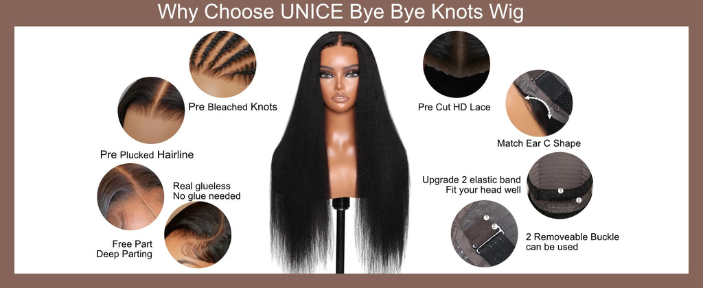 UNice Hair Pre Everything 7x5 13x4 Yaki Straight Wig Pre Plucked Pre Cut Pre Bleached Glueless Wig Human Hair Ready To Wear 150%