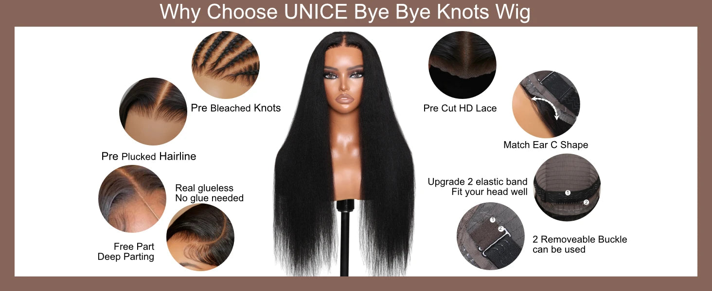 UNice Hair Pre Everything 7x5 13x4 Yaki Straight Wig Pre Plucked Pre Cut Pre Bleached Glueless Wig Human Hair Ready To Wear 150%