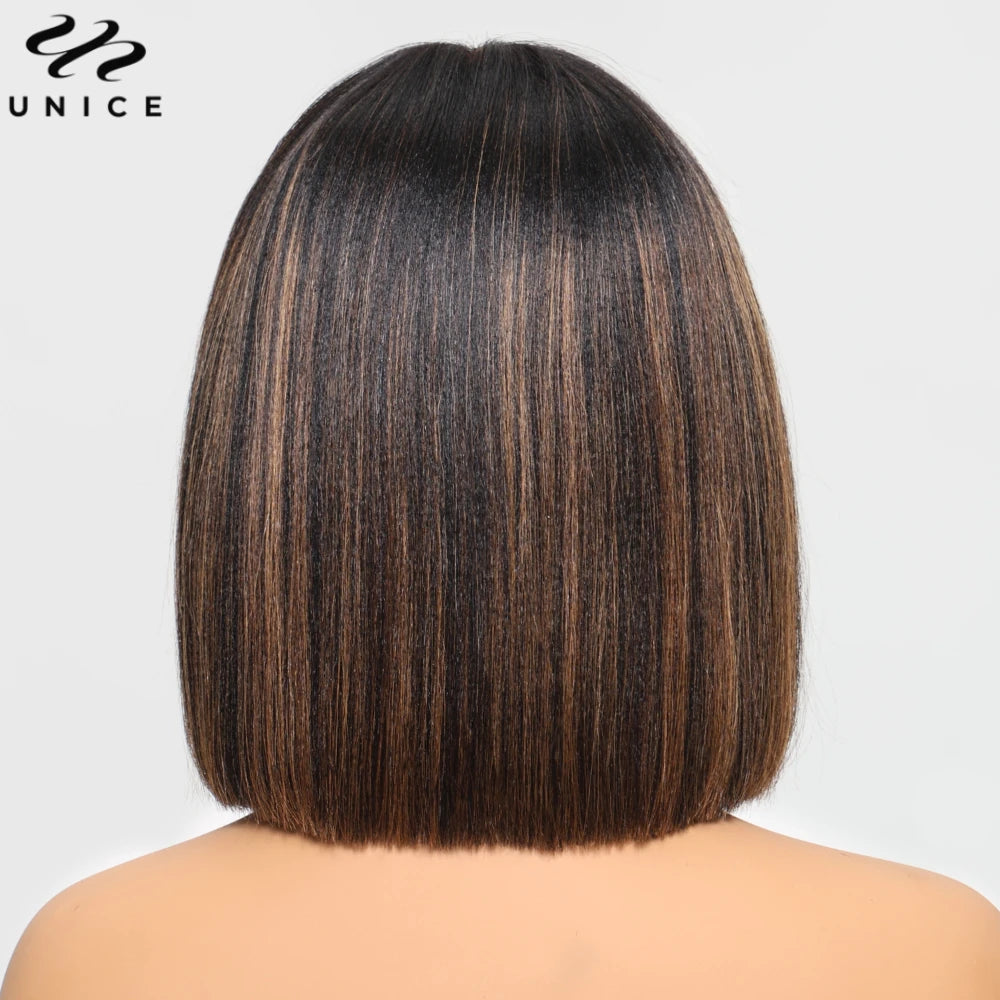 Unice Hair Yaki Straight Bob Wig With Bangs Real Scalp Middle Part 4x2 Lace Glueless Wig Human Hair Ready To Wear 150% Density