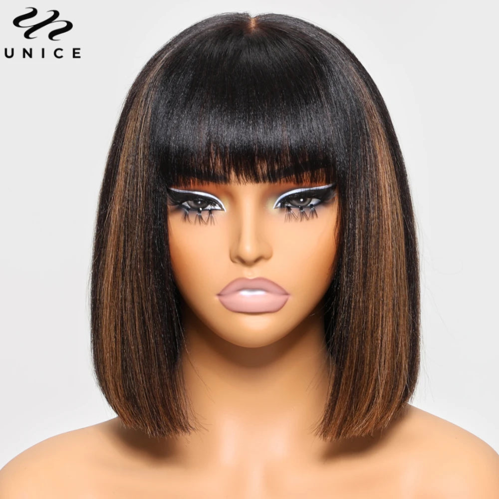 Unice Hair Yaki Straight Bob Wig With Bangs Real Scalp Middle Part 4x2 Lace Glueless Wig Human Hair Ready To Wear 150% Density