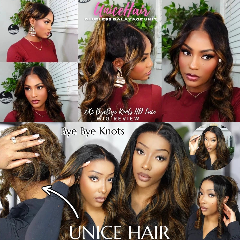 UNice Hair 7x5 Bye Bye Knots Balayage Highlight Body Wave Wig Pre Cut Pre Bleached Glueless Wig Human Hair 150% Density