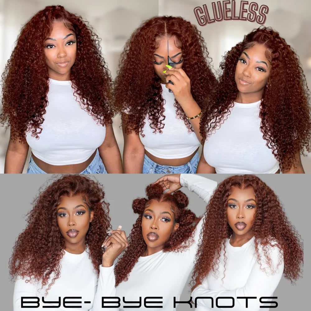 UNice Hair Bye-Bye Knots Wig Reddish Brown Curly 7x5 Glueless Wig Human Hair Pre Cut Pre Bleached Lace Front Human Hair Wigs