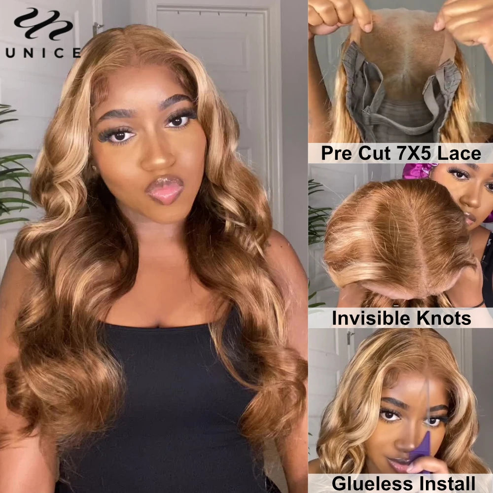 UNice Bye-Bye Knots Wig Pre Cut Pre Bleached 7x5 Lace Closure Wig Human Hair Honey Blonde Body Wave Glueless Wig With Drawstring