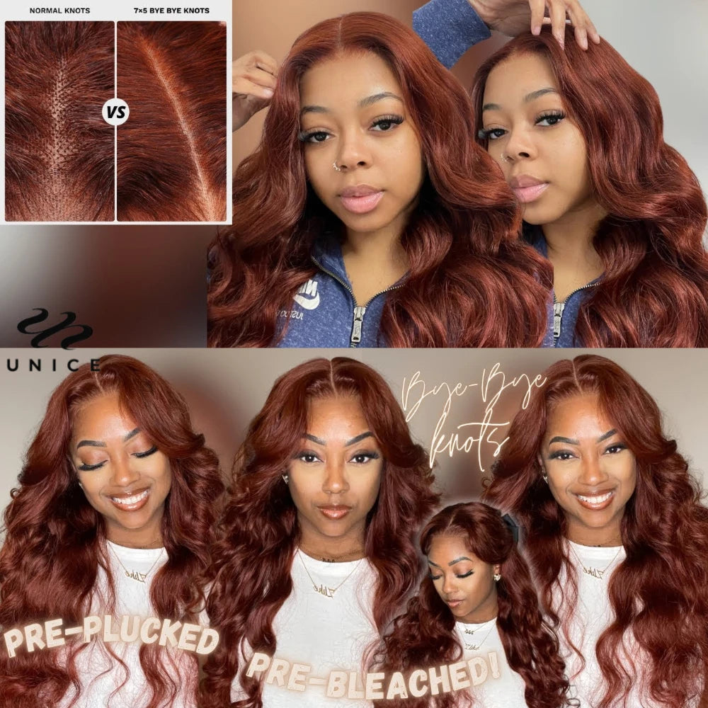 UNice Hair Pre Cut Pre Bleached 7x5 Glueless Wig Human Hair Reddish Brown Color Body Wave Lace Front Human Hair Wig 150% Density